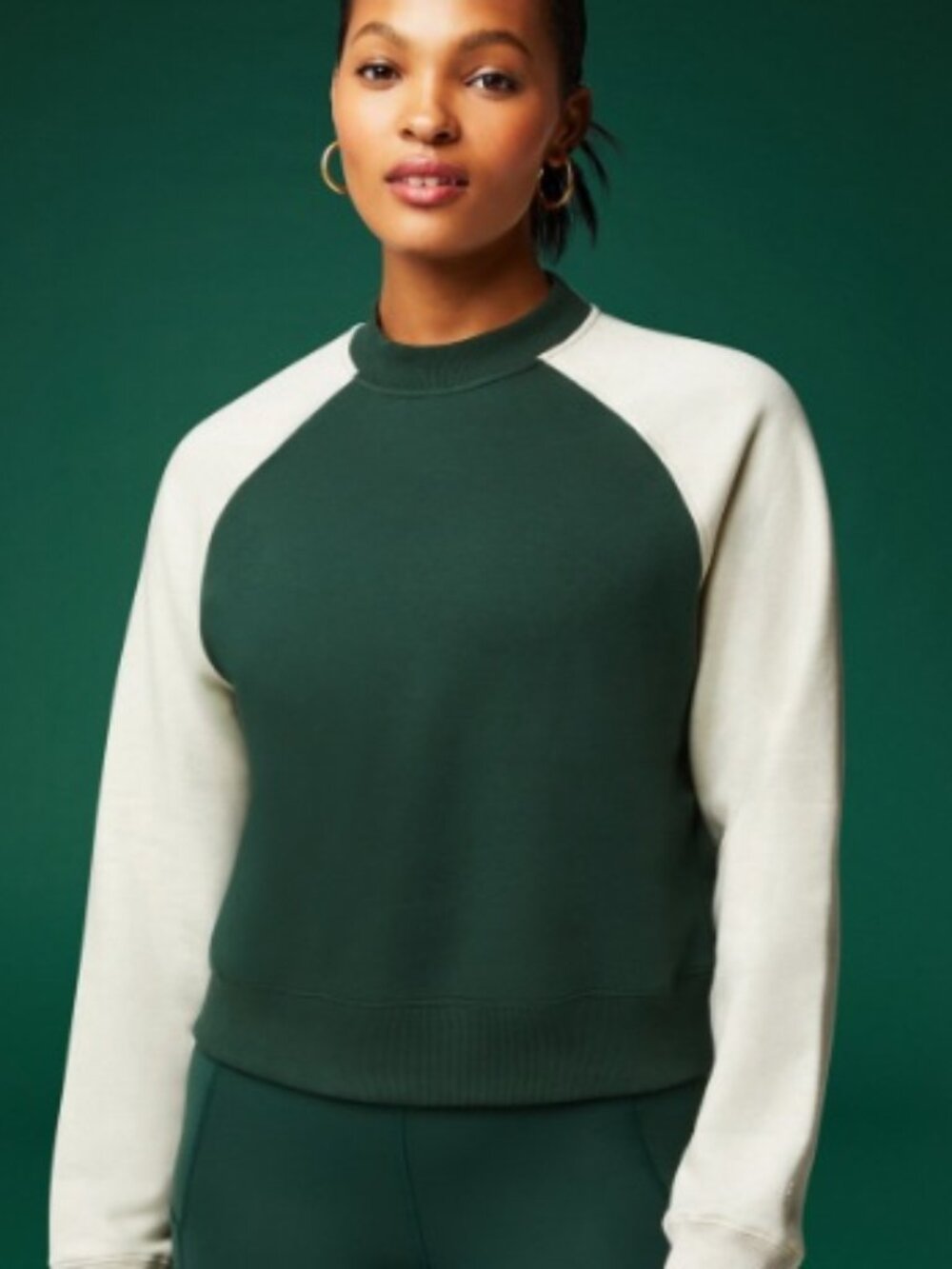 Fabletics Raglan Green/Cream Raglan Cozy Fleece Crewneck Sweatshirt Medium